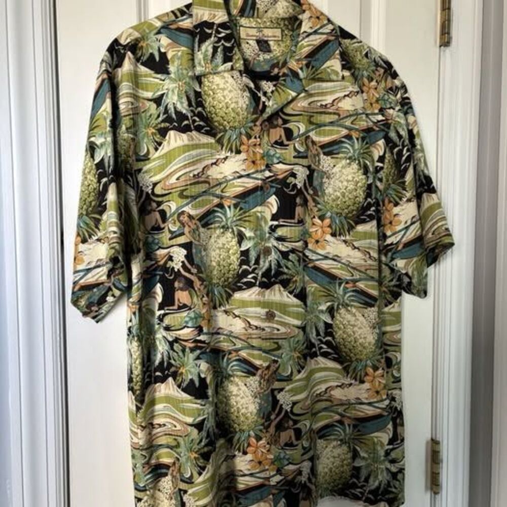 Tommy bahama Men’s Hawaiian Print Silk Shirt resort summer luau dancer pineapple